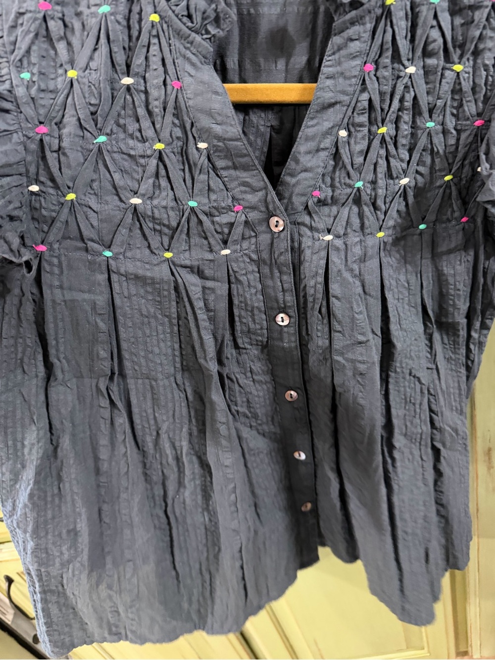 THML Navy Blue Embroidered Ruffle Sleeve Button-Down Top - Picture 4 of 6